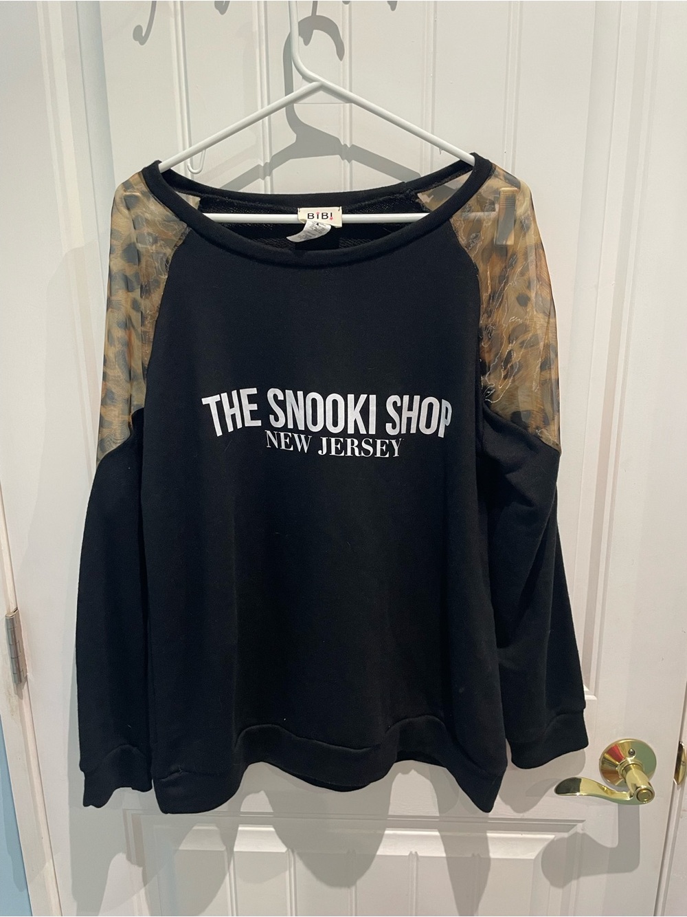 Jersey Shore Snooki BiBi Black Sweatshirt with Leopard Mesh Shoulders